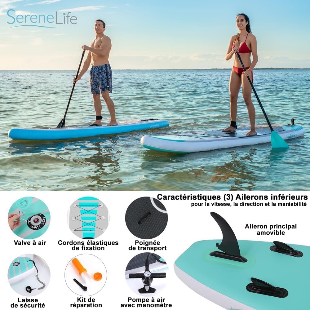 SereneLife Stand Up Paddle Gonflable Adulte 6” – Planche de Paddle avec Accessoires Sup, Sac de Transport, Pont Antidérapant, pour Mer, Lac, Rivière