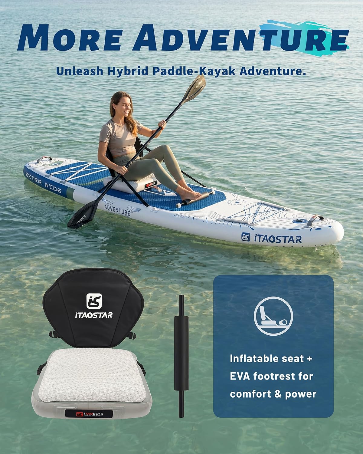 iTAOSTAR - Adventure - 365×88cm - Paddle gonflable XL, siège, 5 ailerons