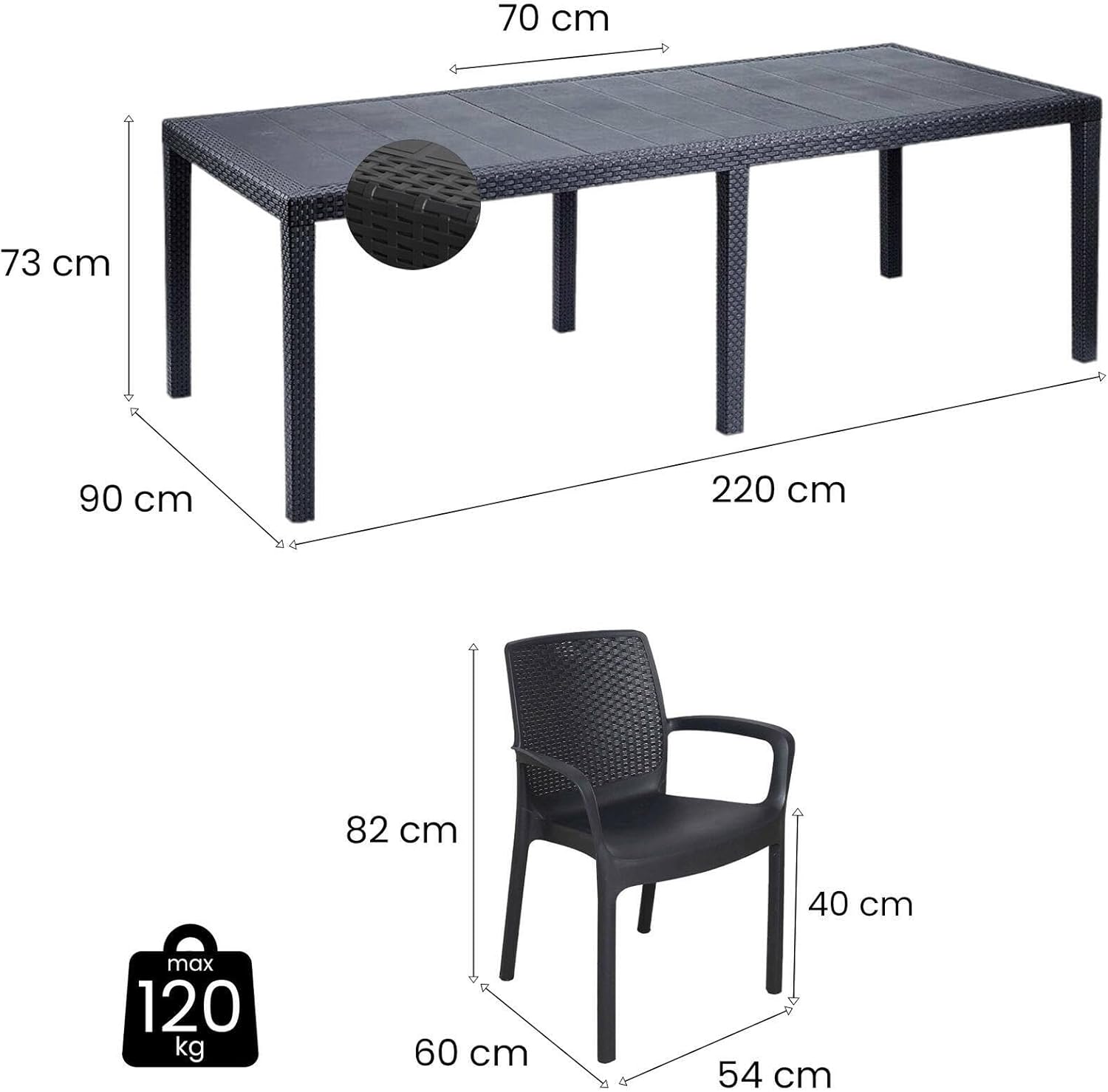 Dmora - Manarola - table extensible, 8 chaises, anthracite, fabriqué en Italie