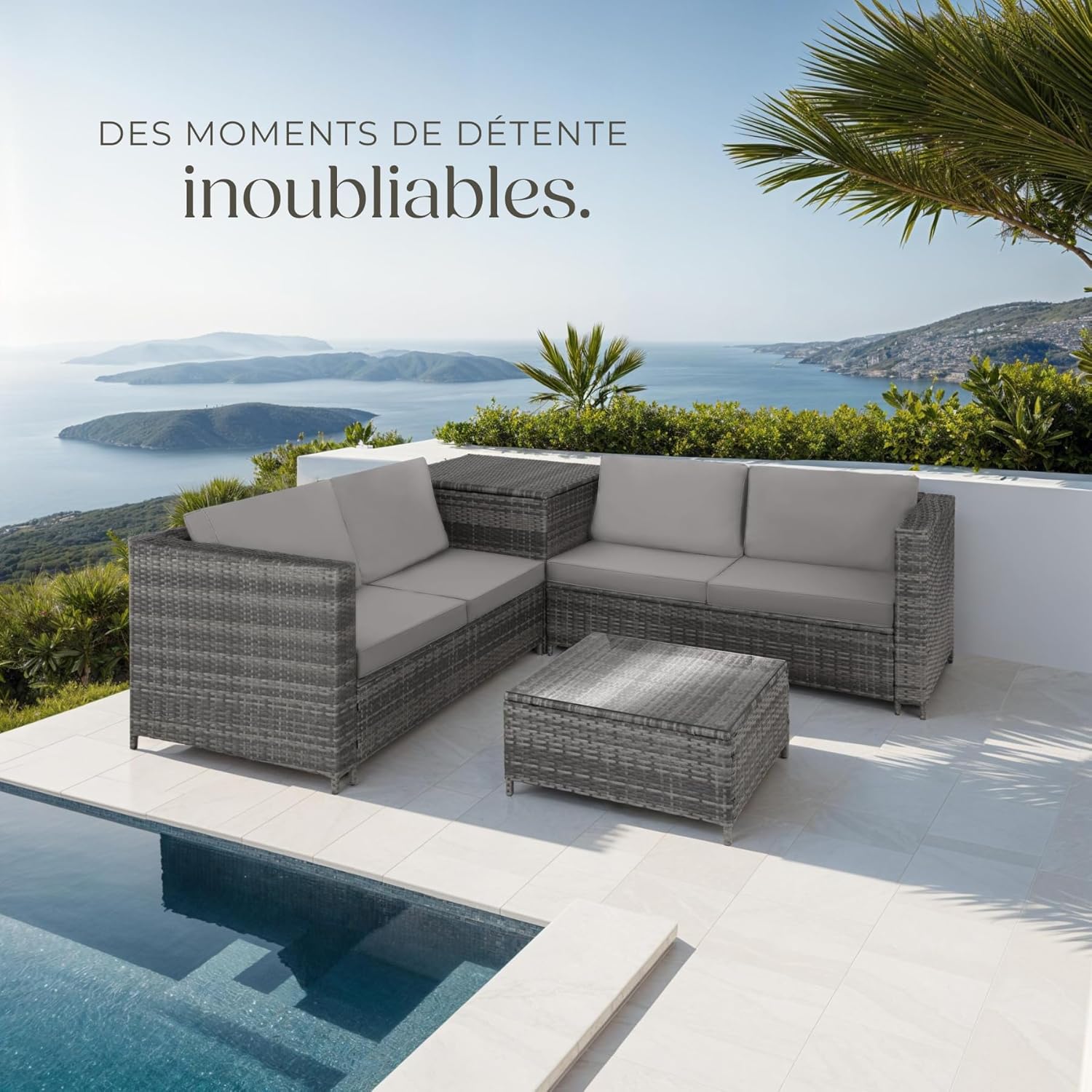 tectake - salon de jardin poly rotin 4 places, canapés modulables, table verre, coffre rangement
