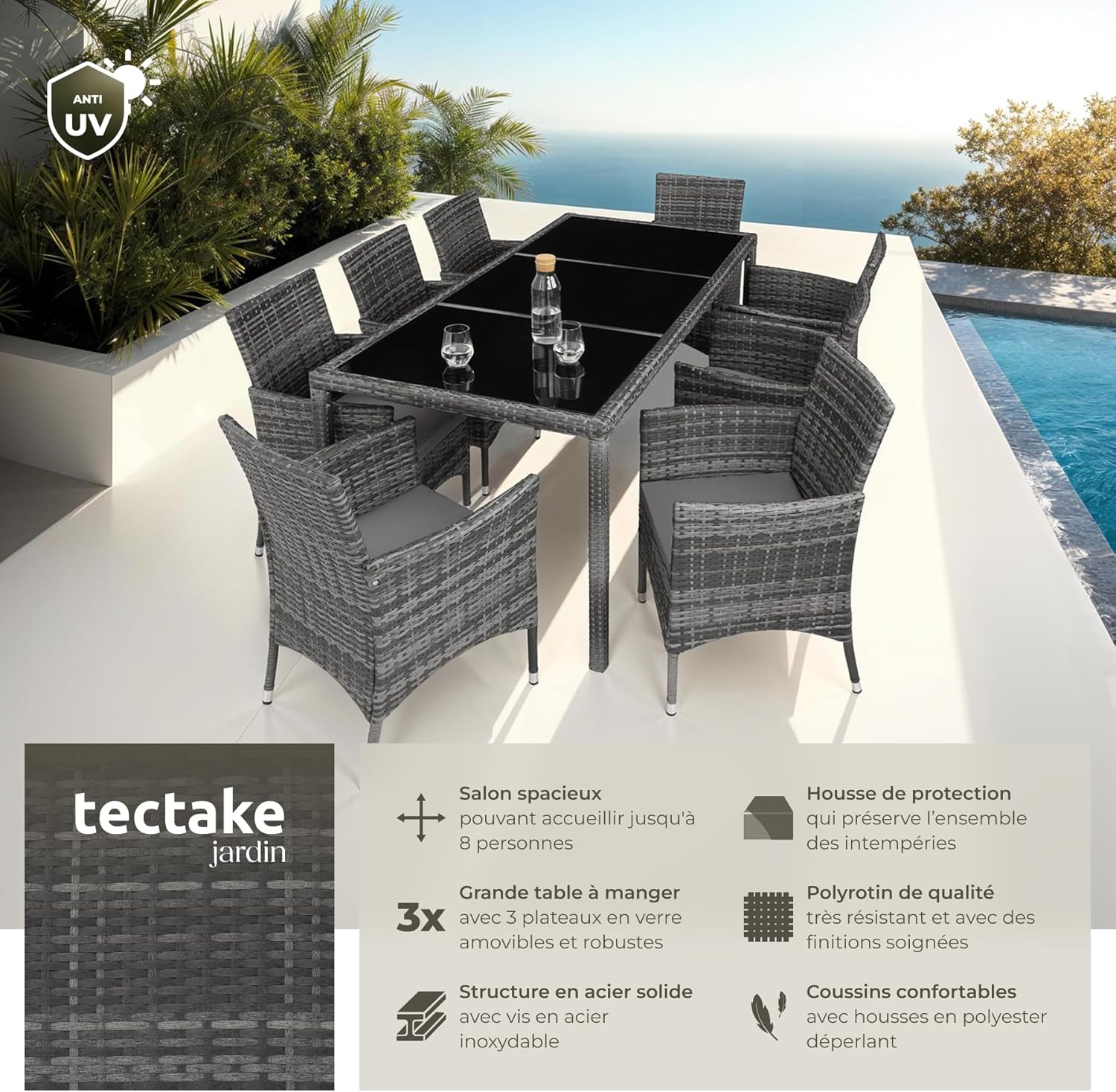 tectake - Salon de Jardin Poly Rotin 8 fauteuils, housse protection, dimensions généreuses, gris tacheté -
