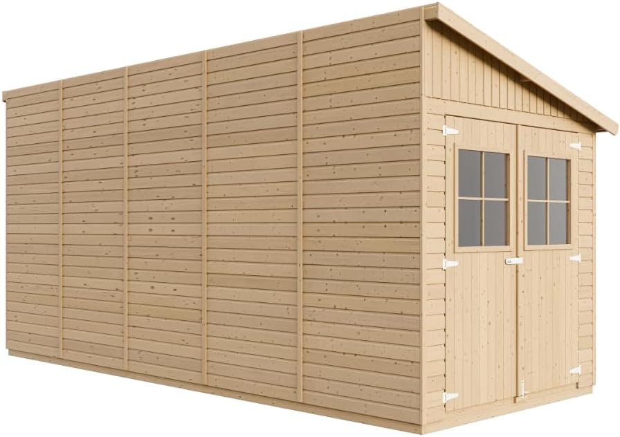 Abri de Jardin en Bois Naturel (avec paroi latérale) Plus Les PLANCHERS IMPRÉGNÉ- Stockage extérieur avec fenêtres- H244x218x514 cm/10 m2- Atelier Rangement Outils et vélos- TIMBELA M341A+M341G