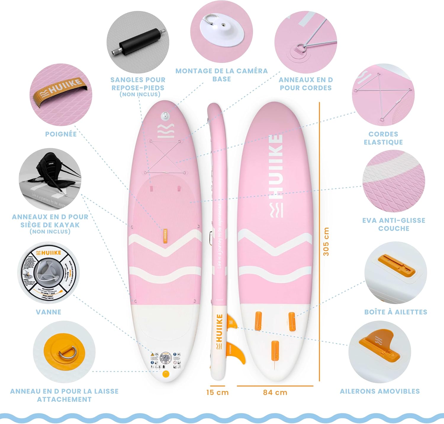 HUIIKE Paddle Gonflable Adulte avec Accessoires Inclus, Pagaie, Ailerons, Pompe. Planche de Stand Up Paddle Grande Stabilité et Résistance. 305 x 84 x 15 cm, Jusqu'à 130 kg