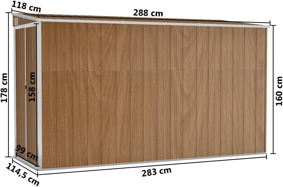 vidaXL Abri de Jardin Mural Abri de Rangement d'Outils Rangement d'Equipement de Jardin Extérieur Marron 118x288x178 cm Acier Galvanisé