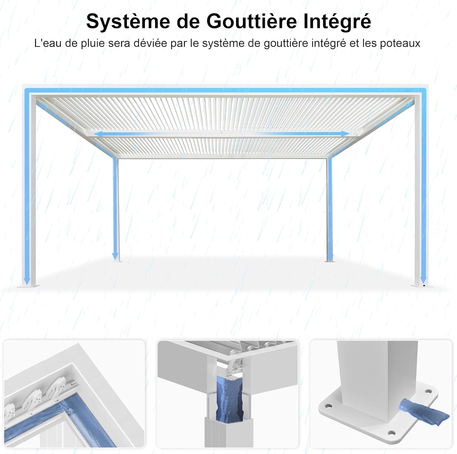 PURPLE LEAF - Pergola bioclimatique 4,24x3m - alu, LED, gouttières, blanc