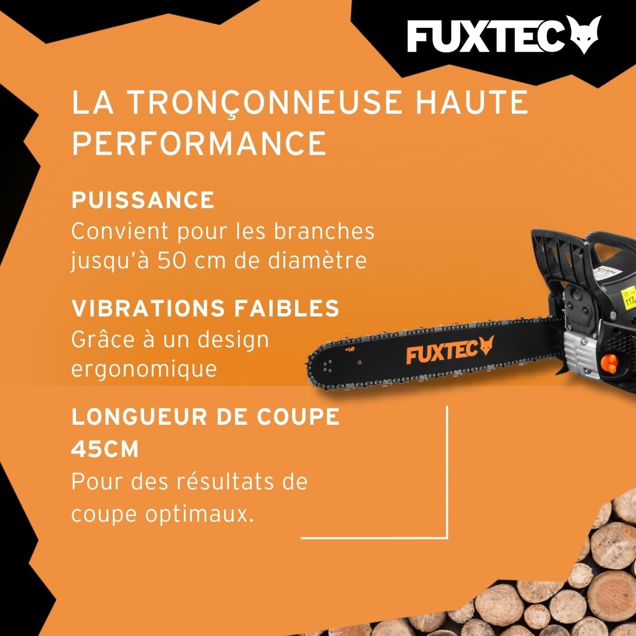 Fuxtec - tronçonneuse thermique 61,5cm³ 2,8kW coupe 45cm FX-KS262