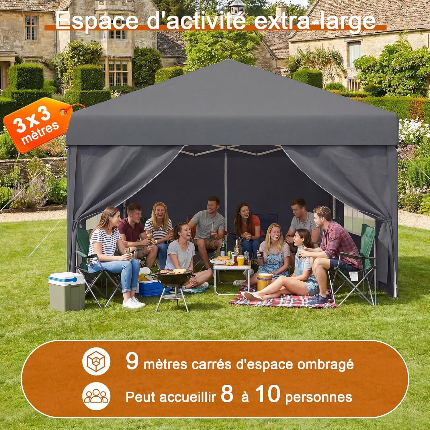 Devoko - Tonnelle pliante série Pop up - 3x3 m - imperméable, 4 parois amovibles, réglable, UV 50+