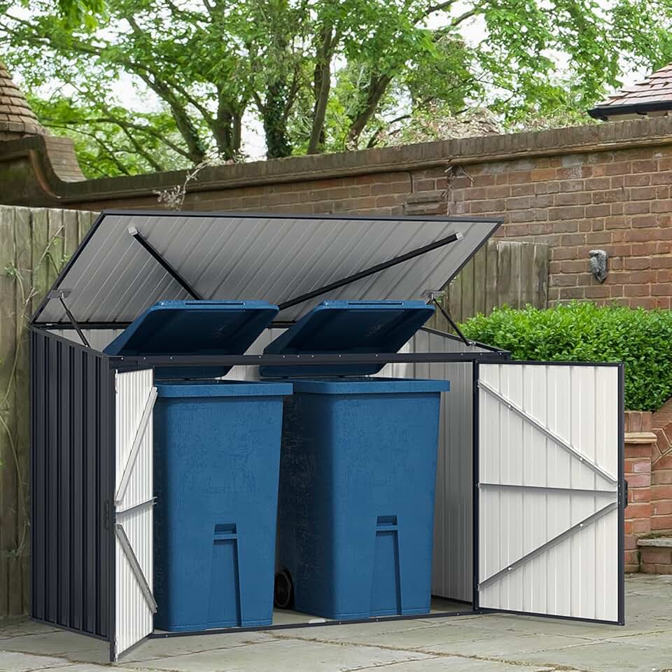 COSTWAY Abri de Jardin en Métal Galvanisé 1,9 M³, Cabane de Jardin Exterieur avec Double Porte Verrouillable, Couvercle Rabattable, Vérin à Gaz Hydraulique, Cache Poubelle pour Vélo, Outils