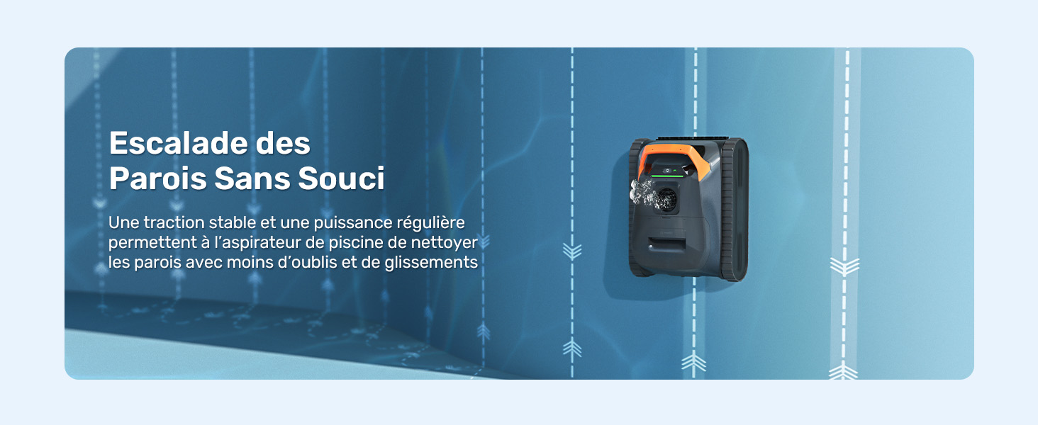 Le texte se lit comme suit : « Escalade des Parois Sans-Souci » en texte blanc sur fond bleu. Montre un appareil électronique noir fixé au mur avec un accent jaune.