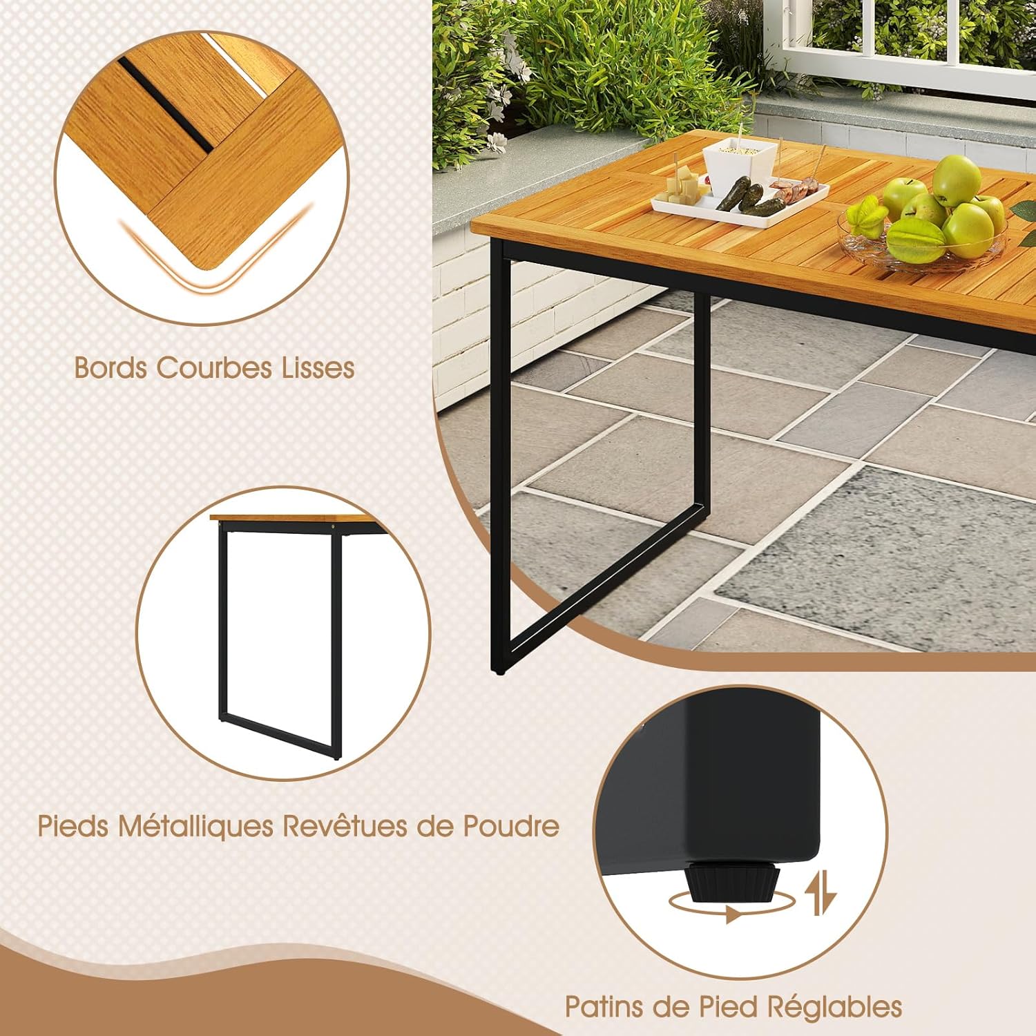 COSTWAY - Table de jardin 140cm, bois d’acacia, métal, trou parasol