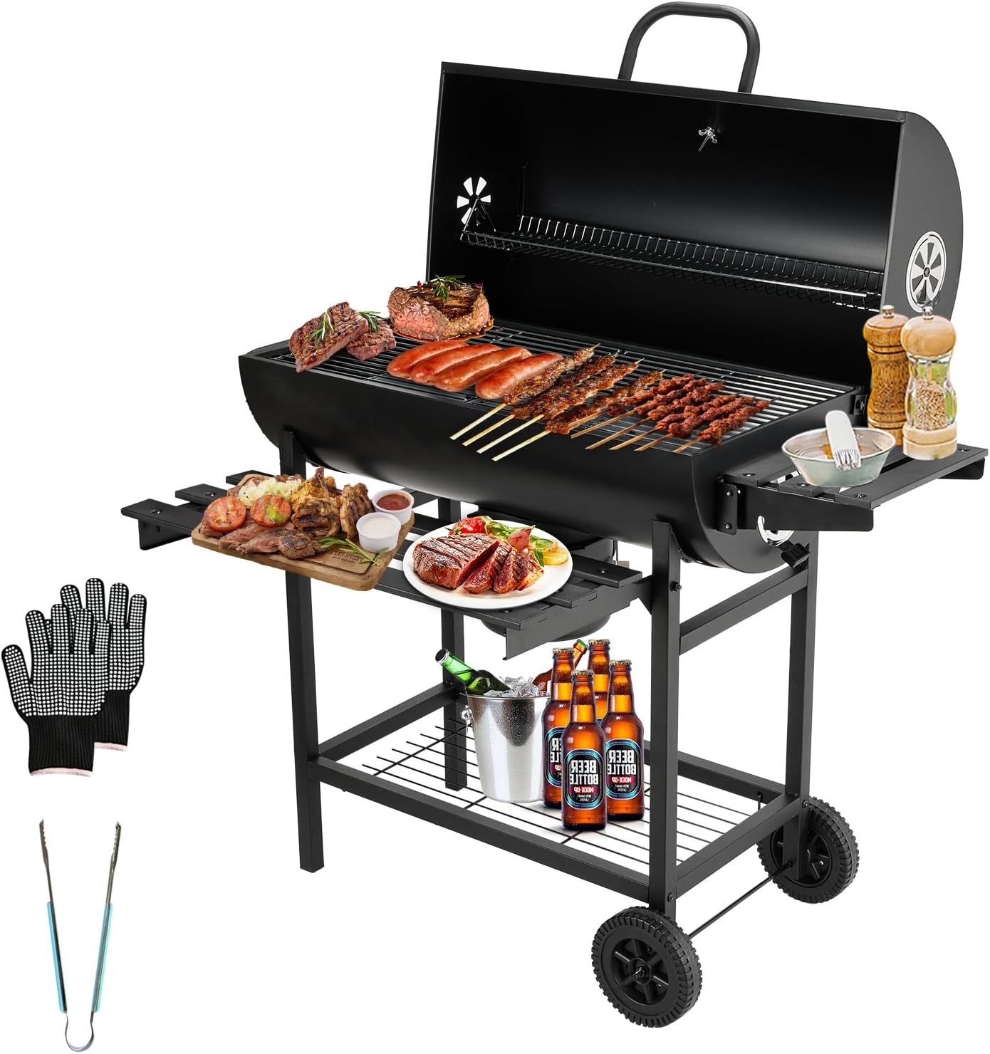 TEENO - barbecue charbon + table pliante 180x74x74 cm - gants inclus