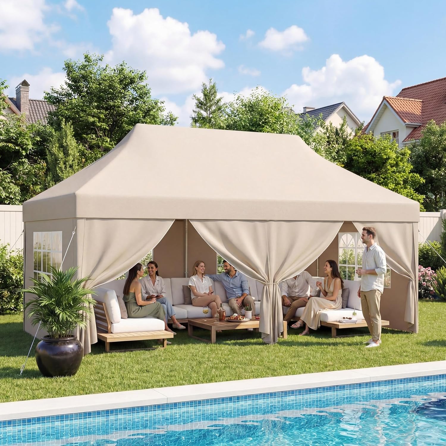 Devoko - tonnelle pliante série 3x6 - réglable, tissu Oxford imperméable, beige