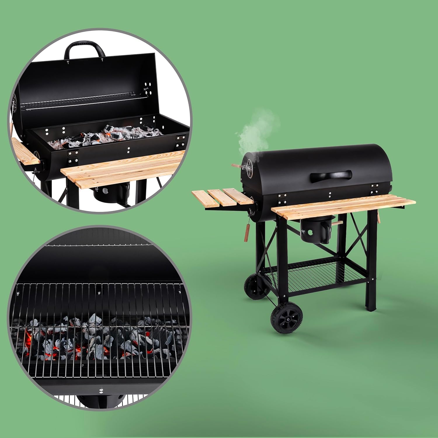 LEHMANN - Barbecue XL avec couvercle, étagères bois, roulettes, 69207