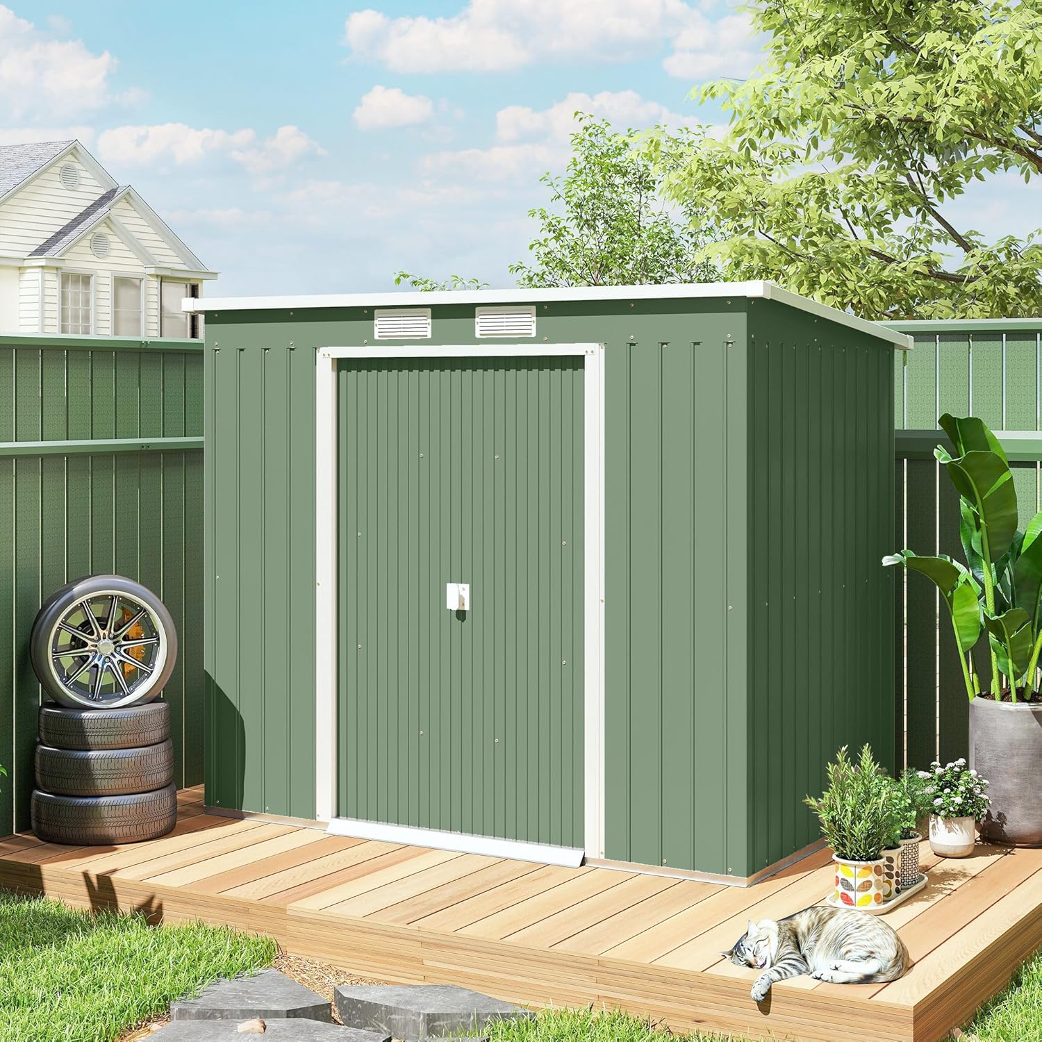 Outsunny Abri de Jardin en Acier galvanisé L 2,77 m² avec kit de Fondation 213 x 130 x 172 cm, cabane de Jardin cabanon Rangement Outils Portes coulissantes verrouillables et aérations, Vert