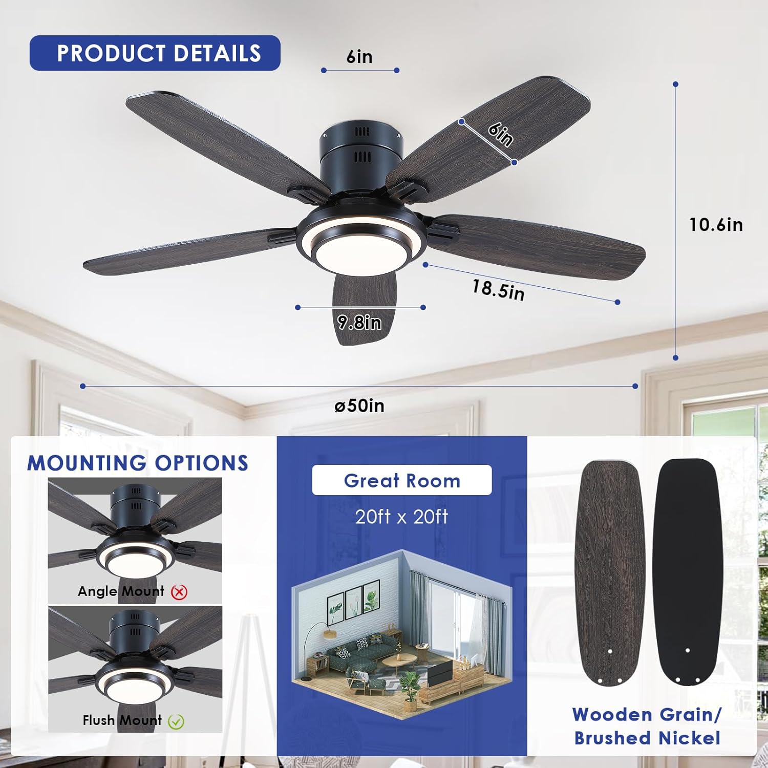 Kviflon Ventilateur de Plafond avec Lumière 127 cm, Moteur DC Silencieux et Économe, Télécommande & Contrôle par App, 6 Vitesses, LED Dimmable, 3 Pales ABS, Design Moderne Noir pour Chambre et Salon