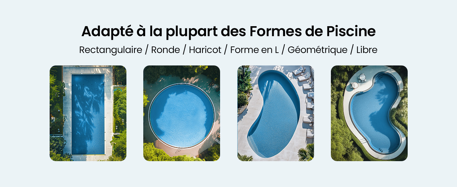 Le texte se lit comme suit : « Adapté à la plupart des formes de Flechir ». Série d'icônes ou de diagrammes pédagogiques bleus illustrant différentes configurations.