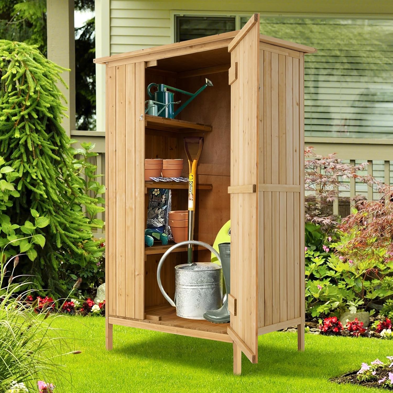 COSTWAY - armoire jardin bois - 3 étagères, toit asphalte, porte verrouillée