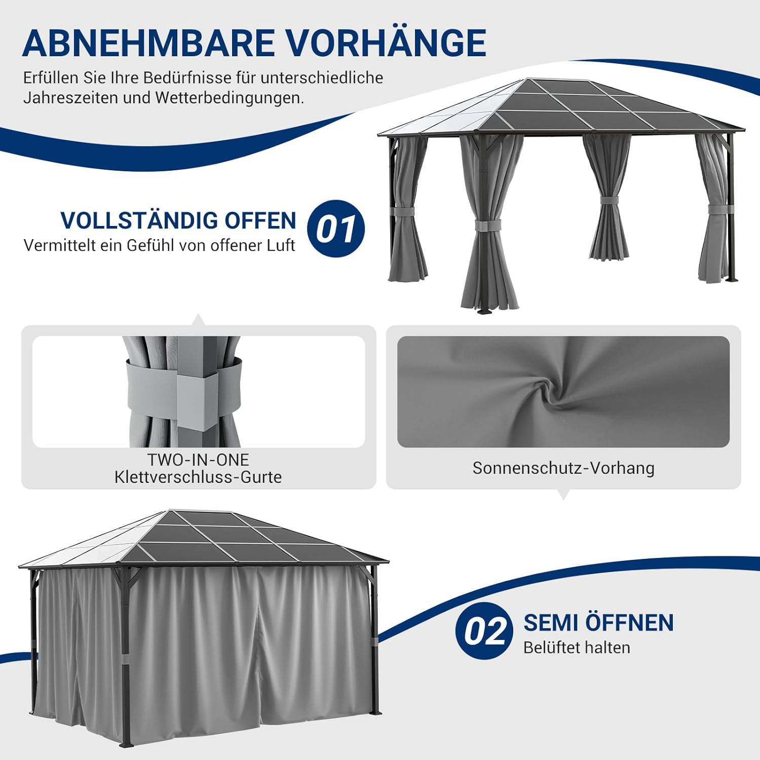 UDPATIO - Tonnelle série 3x4m, imperméable, UV, rideaux, gris, UDPATIO