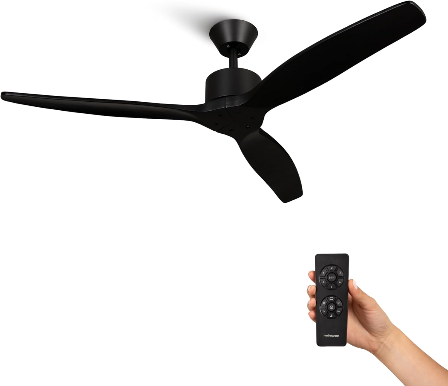 Mellerware - Ventilateur de plafond avec télécommande Brizy! 45W | Puissant | Ultra silencieux | 3 lames | Diamètre 132cm | 6 vitesses | Refroidissement + LED intégrée | Noir