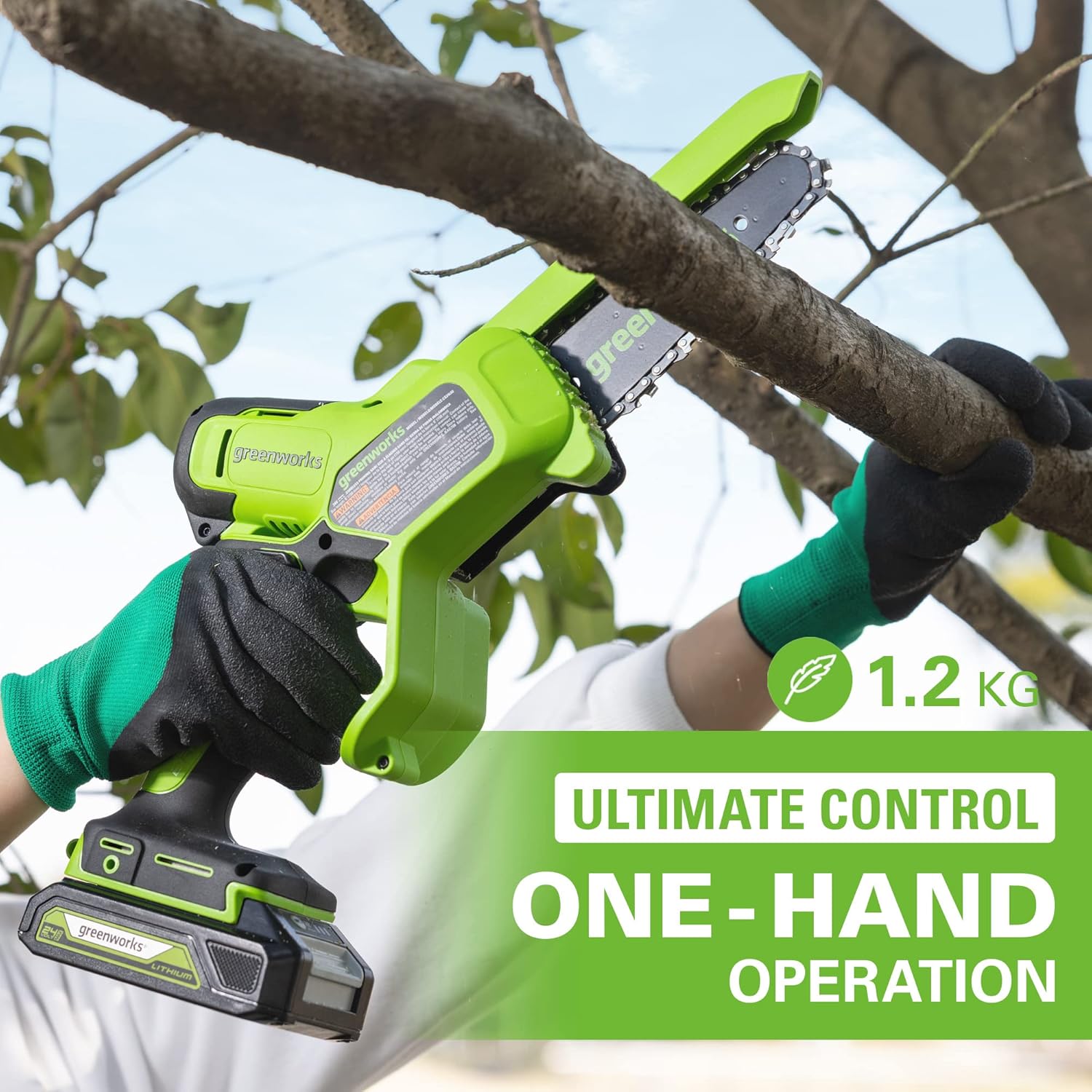 Greenworks 24V Mini Tronçonneuse 10cm Tronçonneuse à batterie sans fil alimentée par batterie et chargeur, vitesse de chaîne de 7,8 m/s, pour branches d'arbres, cour et usage domestique.