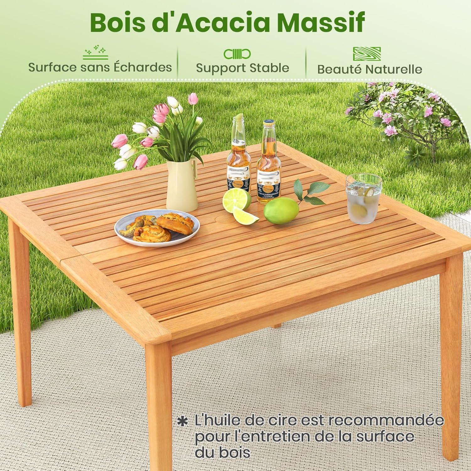 COSTWAY – Table de jardin carrée 100x100 cm – bois d’acacia, trou parasol