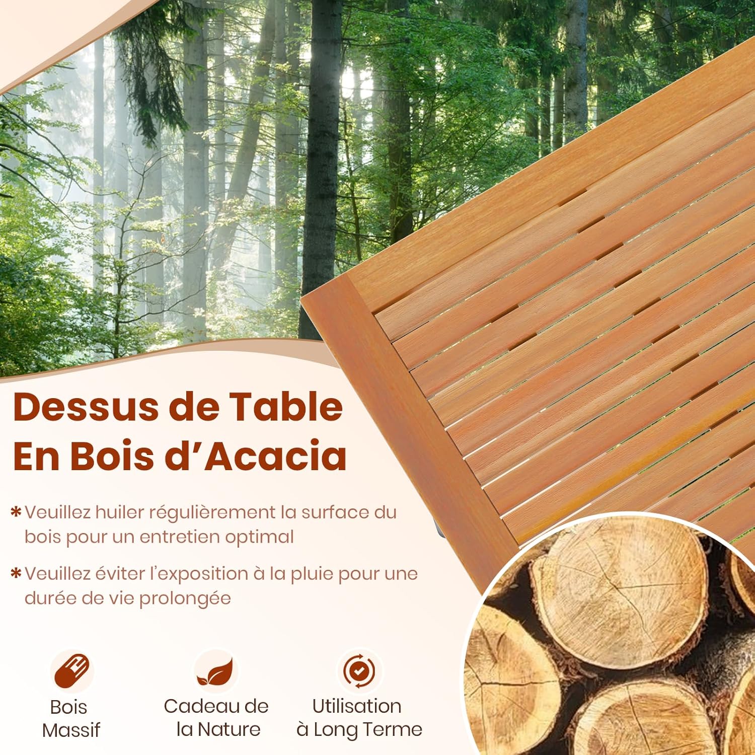 GOPLUS - Table de jardin 8 personnes - 190x90cm - bois acacia, trou parasol 5cm, pieds métal, charge 75kg