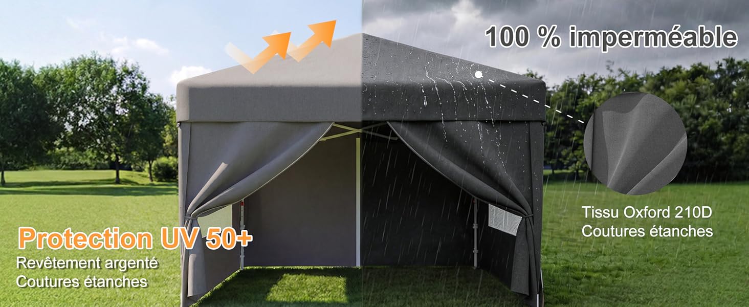 Le texte indique « 100 x kit de camping » et « Promotion » avec une visibilité partielle. L'image montre une tente extérieure ou une structure de camping avec des éléments verts sur fond de paysage naturel.