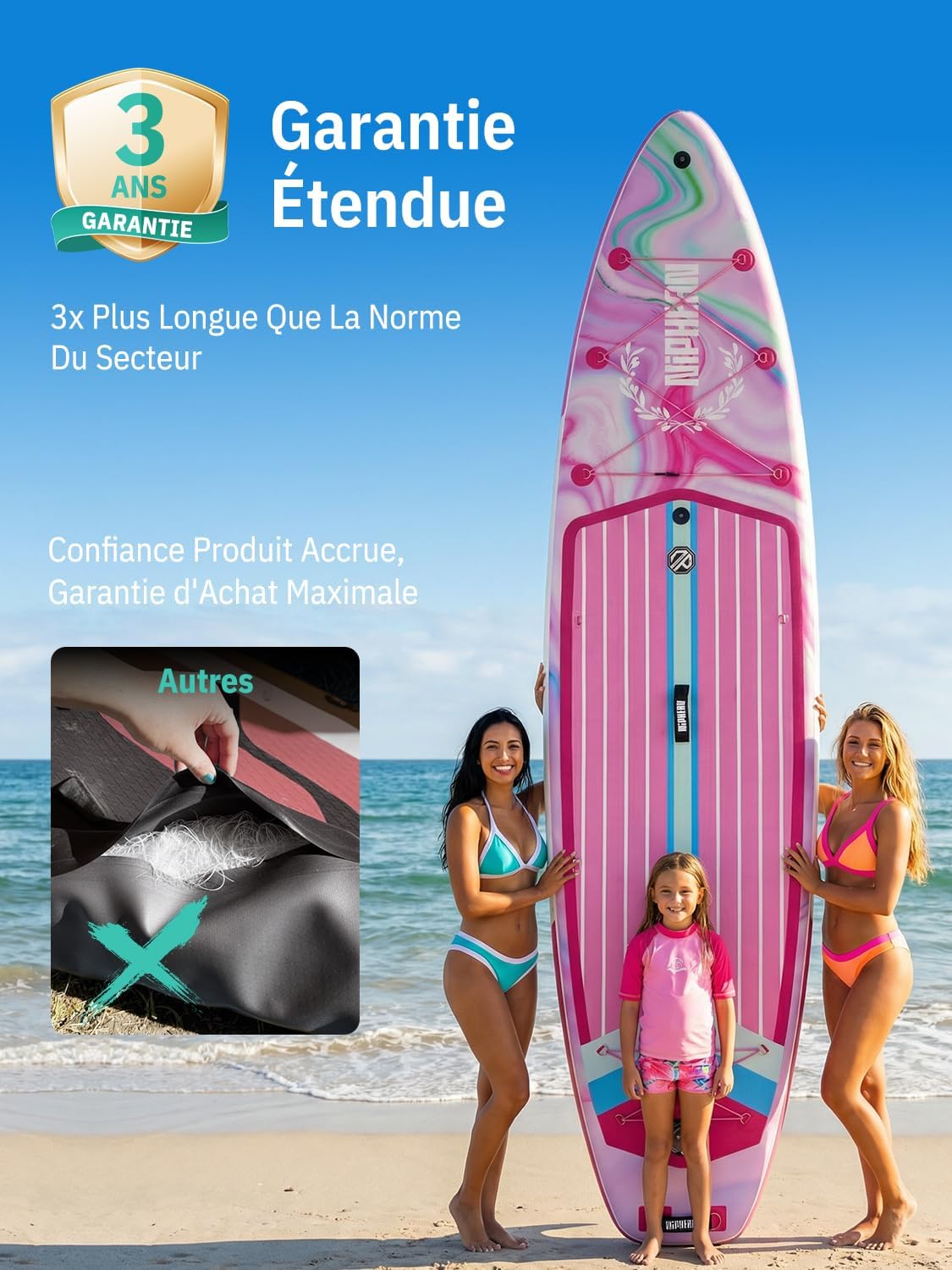 Niphean Extra Large Paddle Gonflable, Sup à 2+1 Personnes/Famille, Planches de Stand Up Paddle Gonflables avec (Idéal Débutant) Aileron Équilibré, Housse Étanche, Paddle Gonflable Adulte, Cadeaux