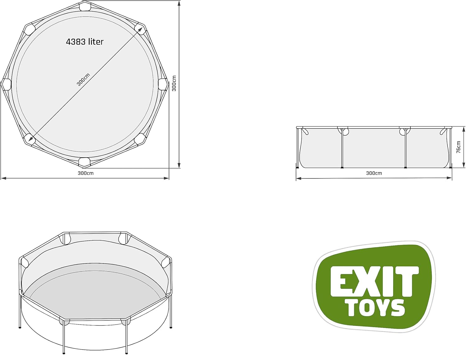 EXIT Toys - Piscine Tubulaire Lime - 300x76cm - Pompe filtrante, entrée basse, cadre stable, vert