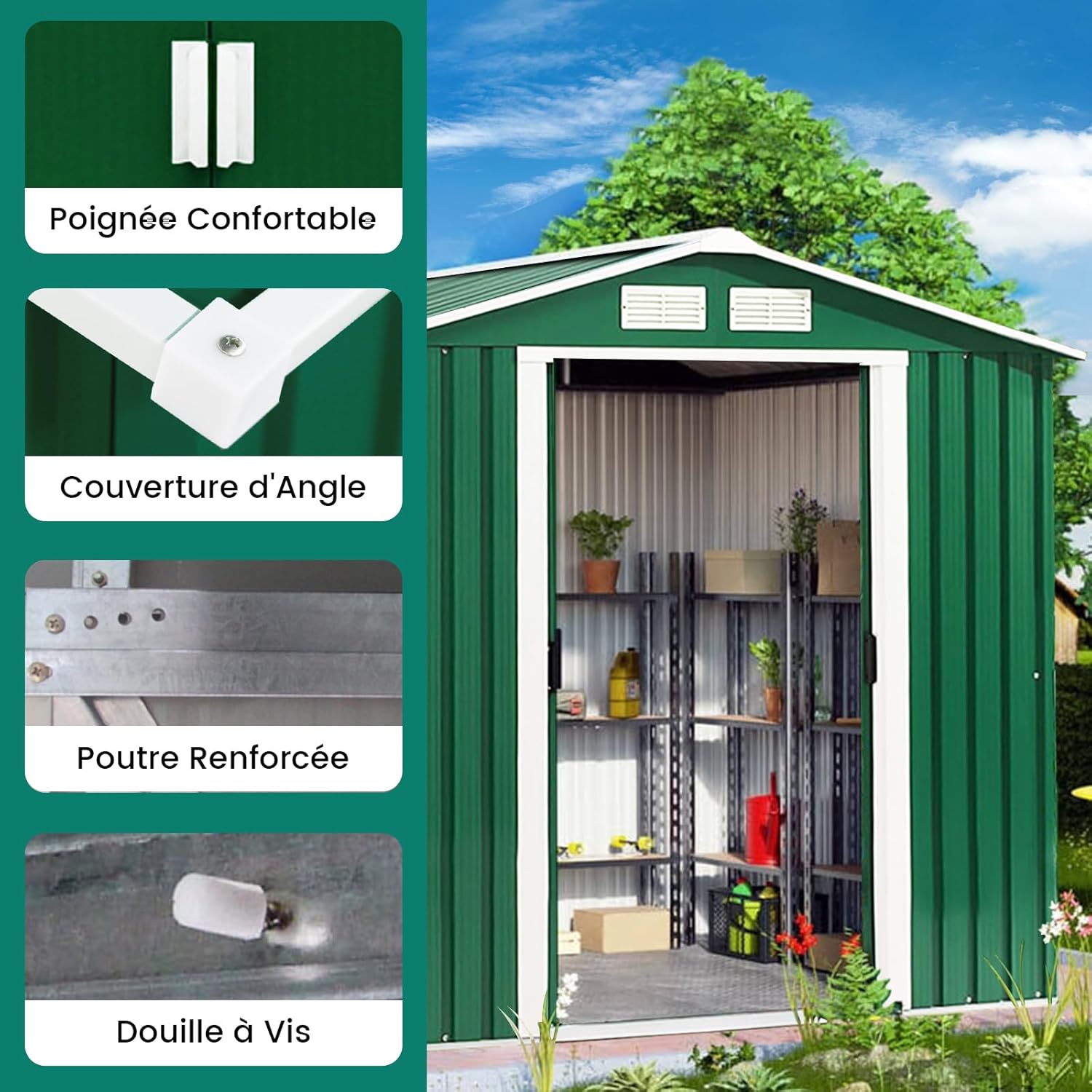 COSTWAY Abri de Jardin Métal Extérieur 2.7㎡ Acier Galvanisé avec Fondation, Toit Penché, 4 Persiennes, Double Porte Coulissante, Cabane Jardin Exterieur avec Rampe, pour Vélo, Poubelle, 213x127x185CM