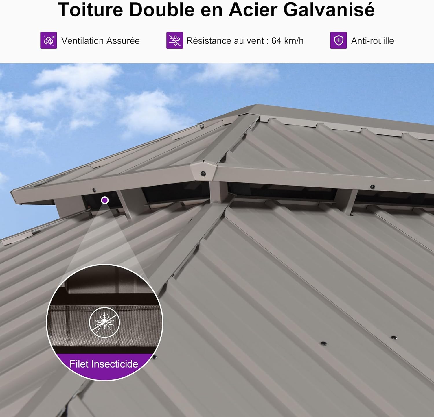 PURPLE LEAF - pergola aluminium - 3,65x3m - double toit, moustiquaire, rideaux