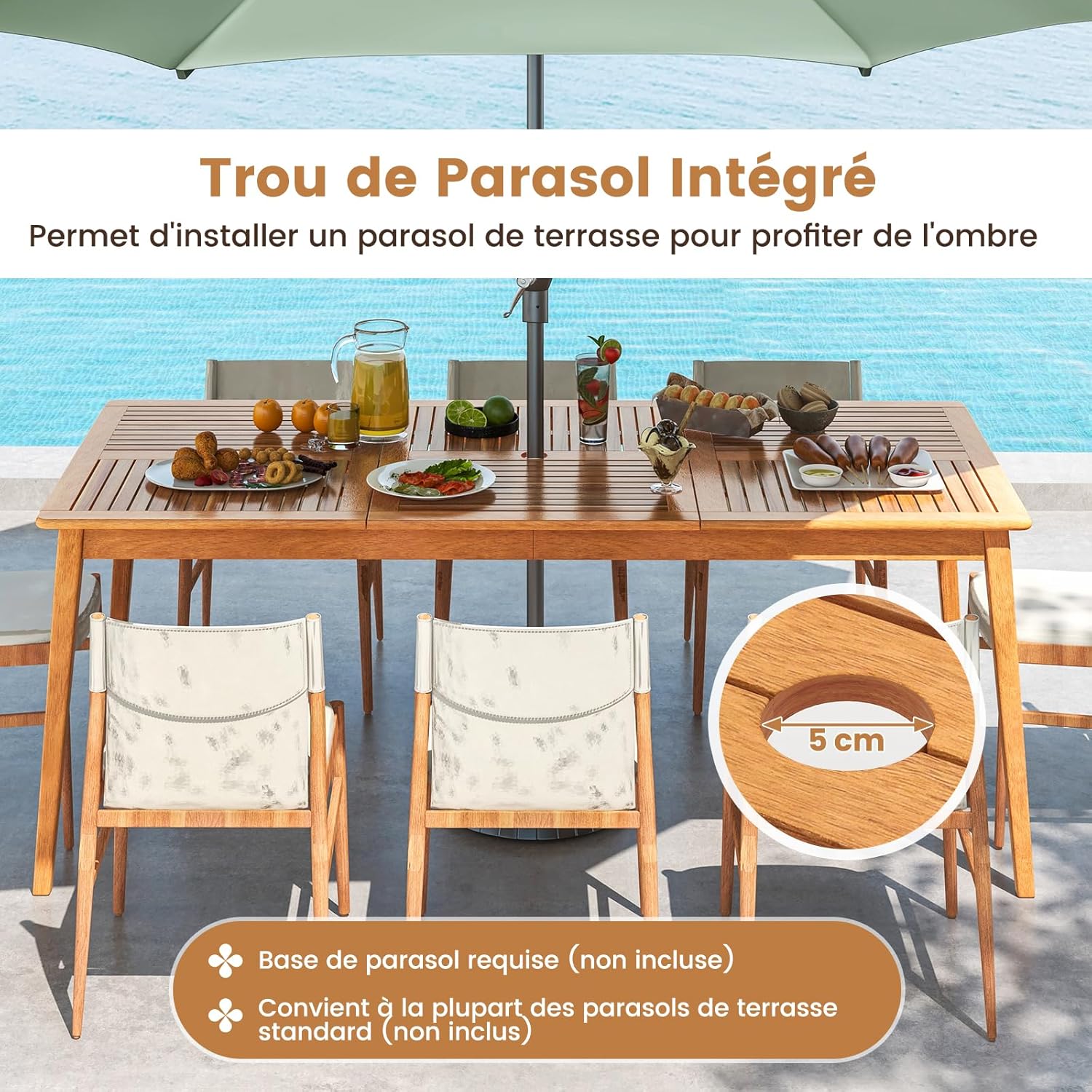 GOPLUS - table repas extérieur Acacia FSC 90x200cm, 8 places, trou parasol, charge 160kg