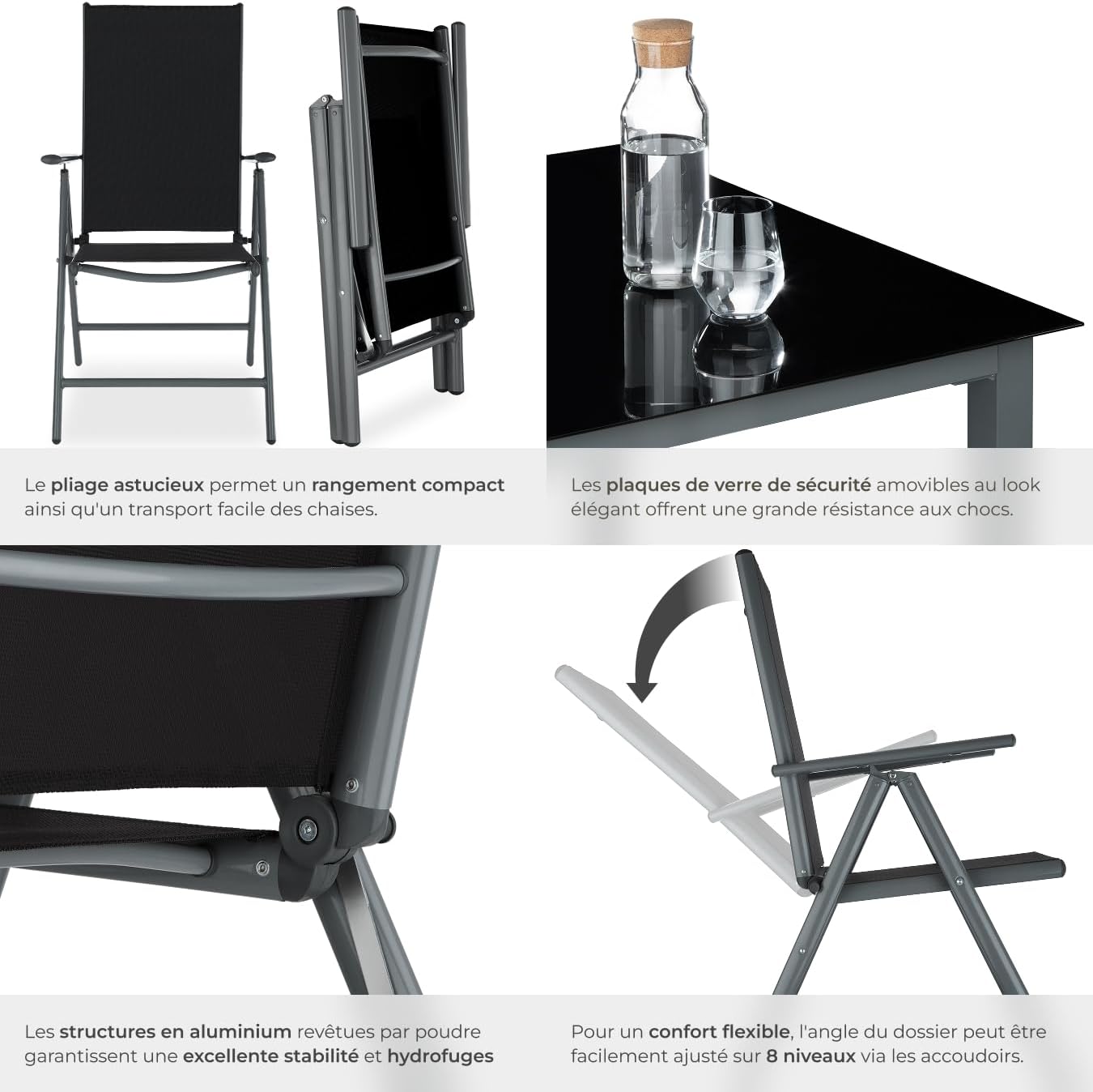 tectake - Salon de jardin aluminium, 8 fauteuils pliables, table, facile à entretenir