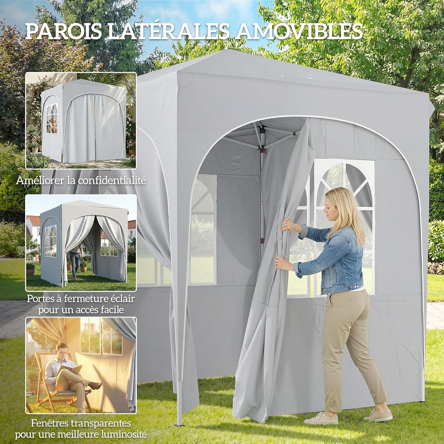 Outsunny - tonnelle pop up - 2x2 m - réglable UV50+ 4 parois, gris clair