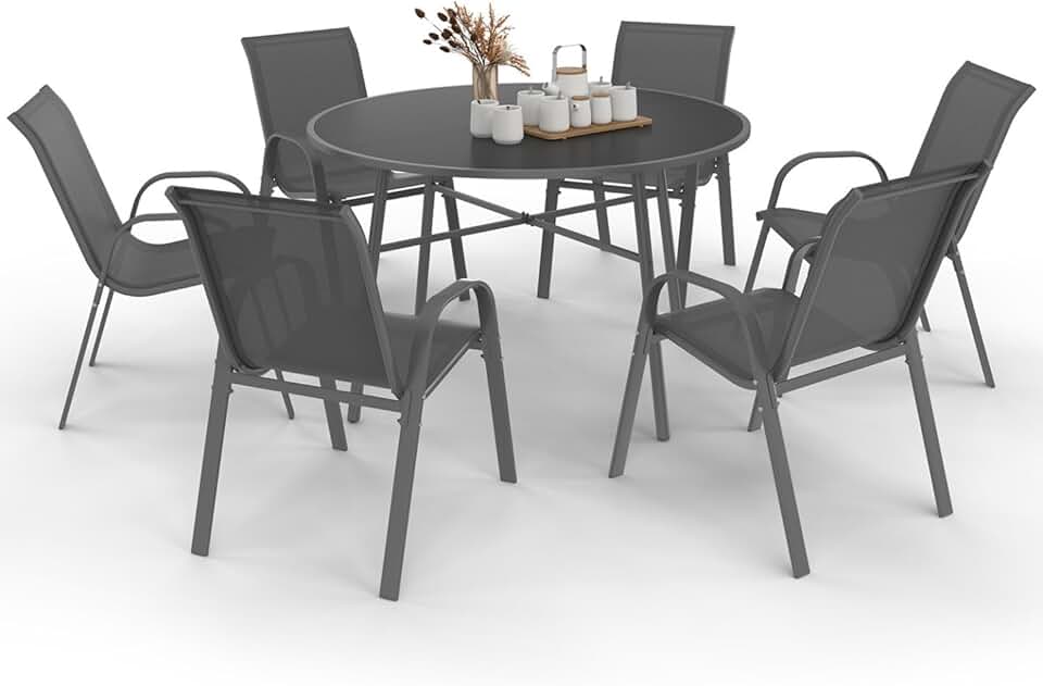IDMarket - Salon Madrid - table ronde 120cm, 6 chaises empilables, gris anthracite