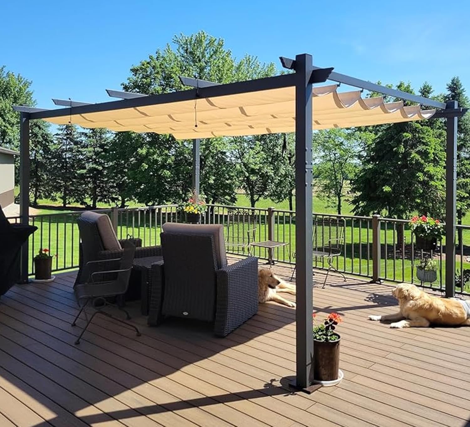 PURPLE LEAF - Pergola aluminium série - 4,8x3,5m - toit coulissant, tissu teint fil, kaki