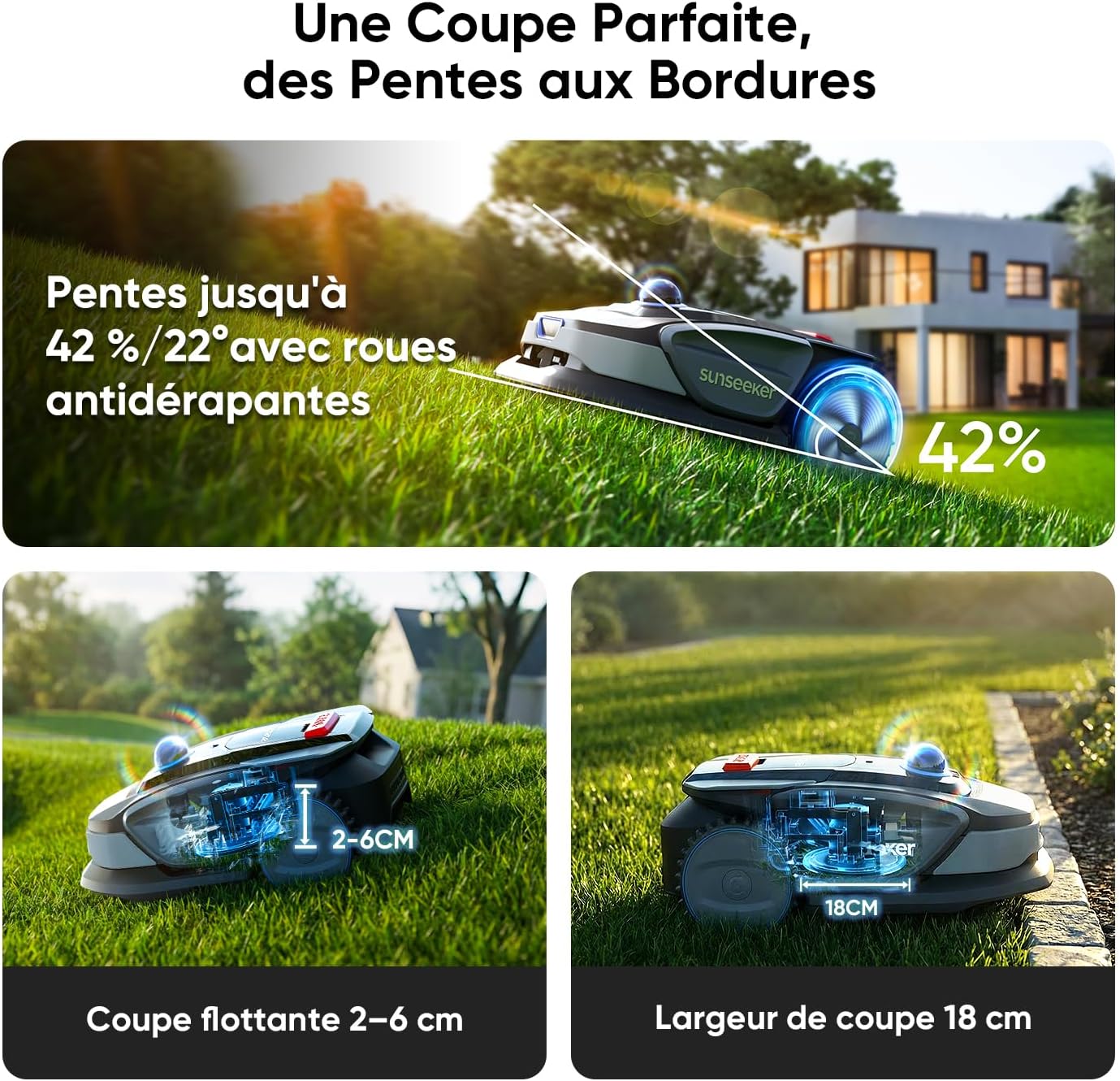 Sunseeker - S4 série - robot tondeuse 1000m² - LiDAR 360°, IA, multi-zones, app