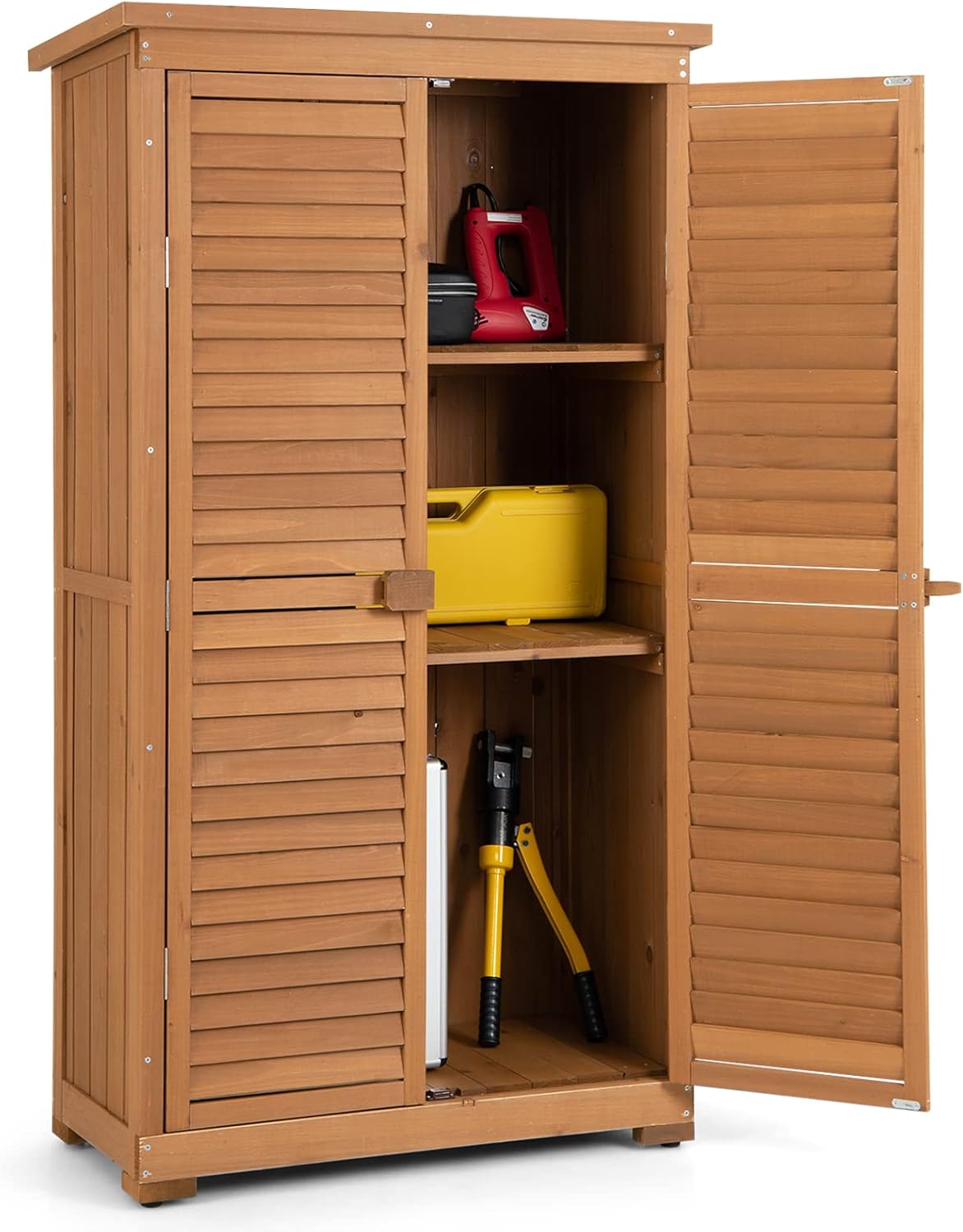 COSTWAY - Abri de jardin 160 cm - Bois, toit asphalte, 2 portes verrouillables, étagères amovibles