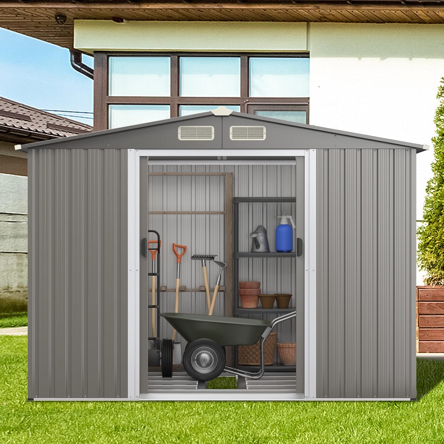 RELAX4LIFE Abri de Jardin en Tôle d’Acier Galvanisée avec Fondation et Double Porte Coulissante, Cabane à Outils avec Toit en Appentis et Volets 260X206,5 X 108 CM (Toit Gris foncé)