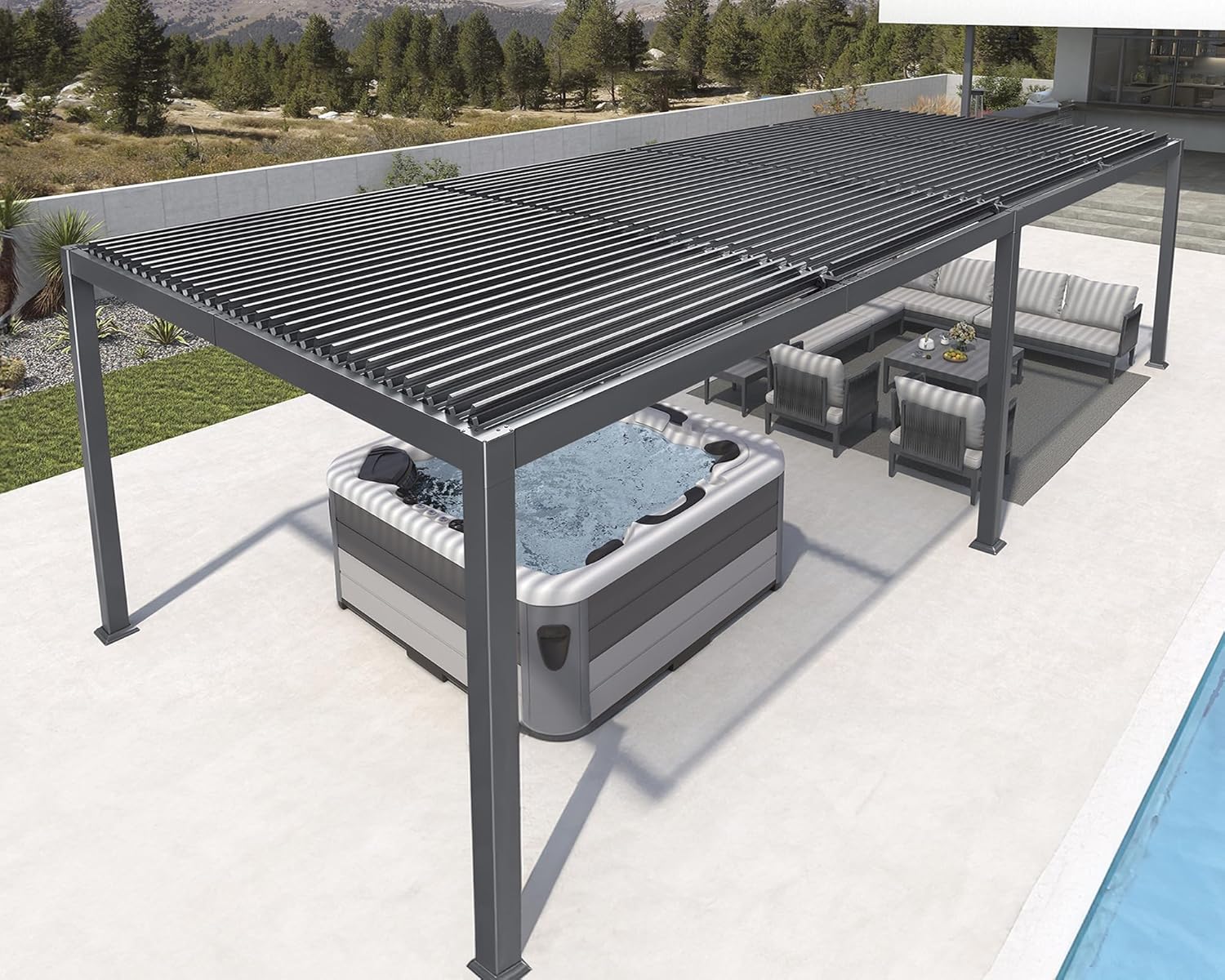 PURPLE LEAF - Pergola bioclimatique série - 3,5x8,5m - aluminium, lames orientables, jardin, terrasse, gris