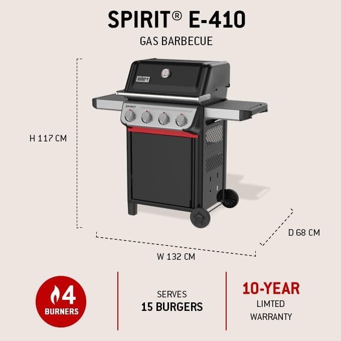 Weber - Spirit E-410 série - 51x46 cm - 4 brûleurs, grille chaleur uniforme, rails Works, Noir/Argent E-410