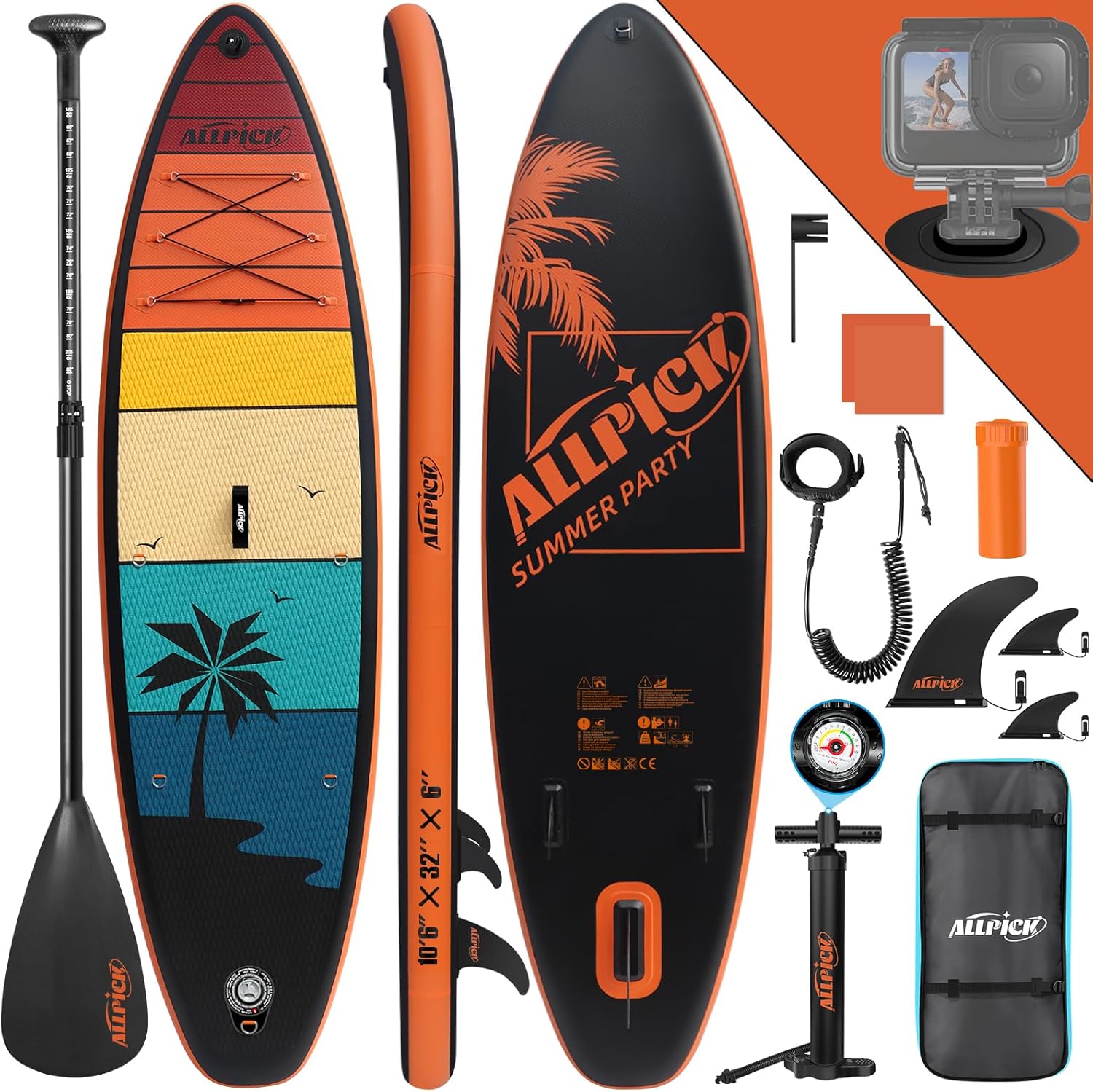 ALLPICK - paddle gonflable 320 cm - support caméra, pagaie réglable, 200 kg