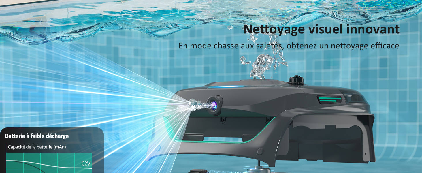 avec technologie de nettoyage visuel. Appareil illustré émettant des faisceaux de lumière bleue pour une détection et une élimination efficaces des débris dans l'eau de la piscine.