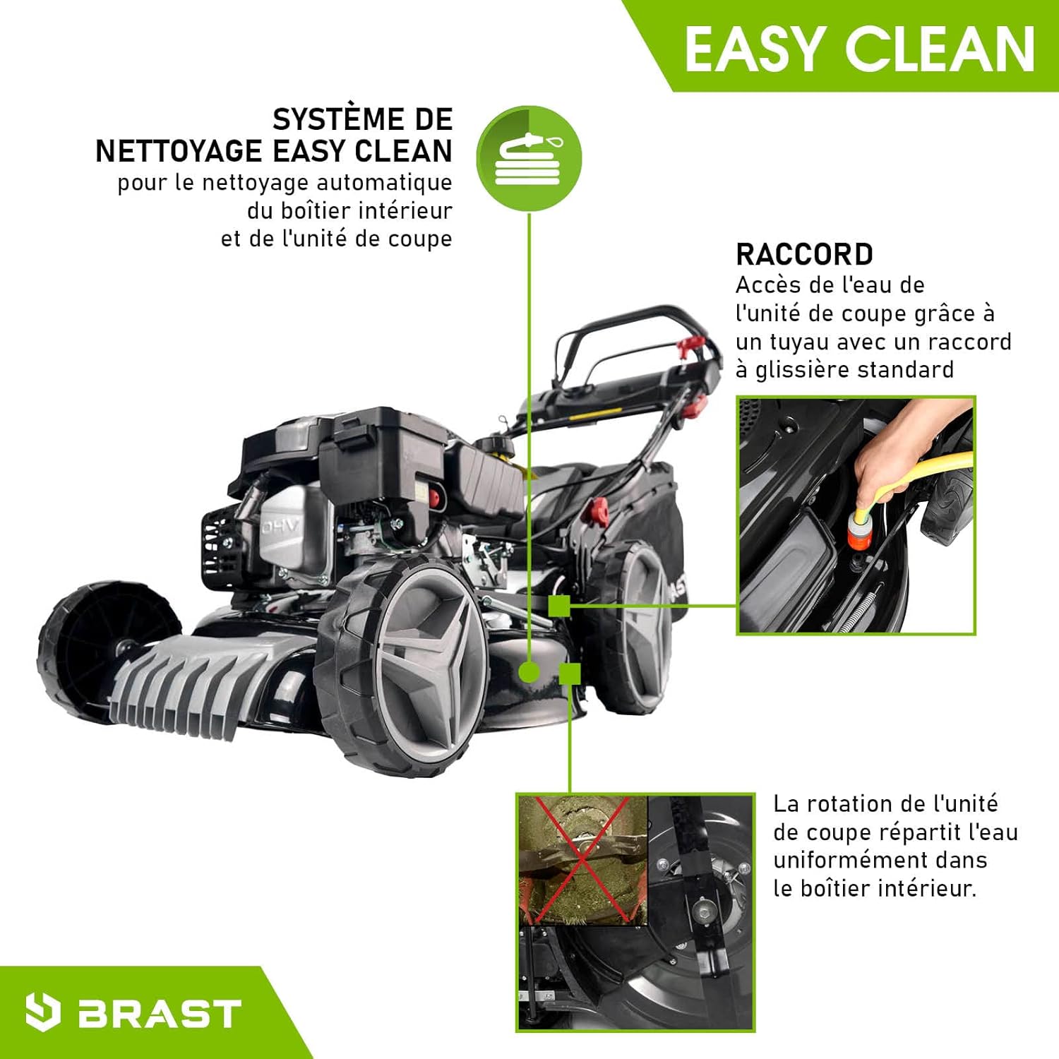 BRAST Tondeuse Thermique tractée 46cm 170 CC mulchig 3,5kW (4,7 CV), 60l -5 MODÈLES Diff.- Moteur 4 Temps Easy Clean, 3en1, châssis en tôle d'acier, Tondeuse Thermique Coupe reglable