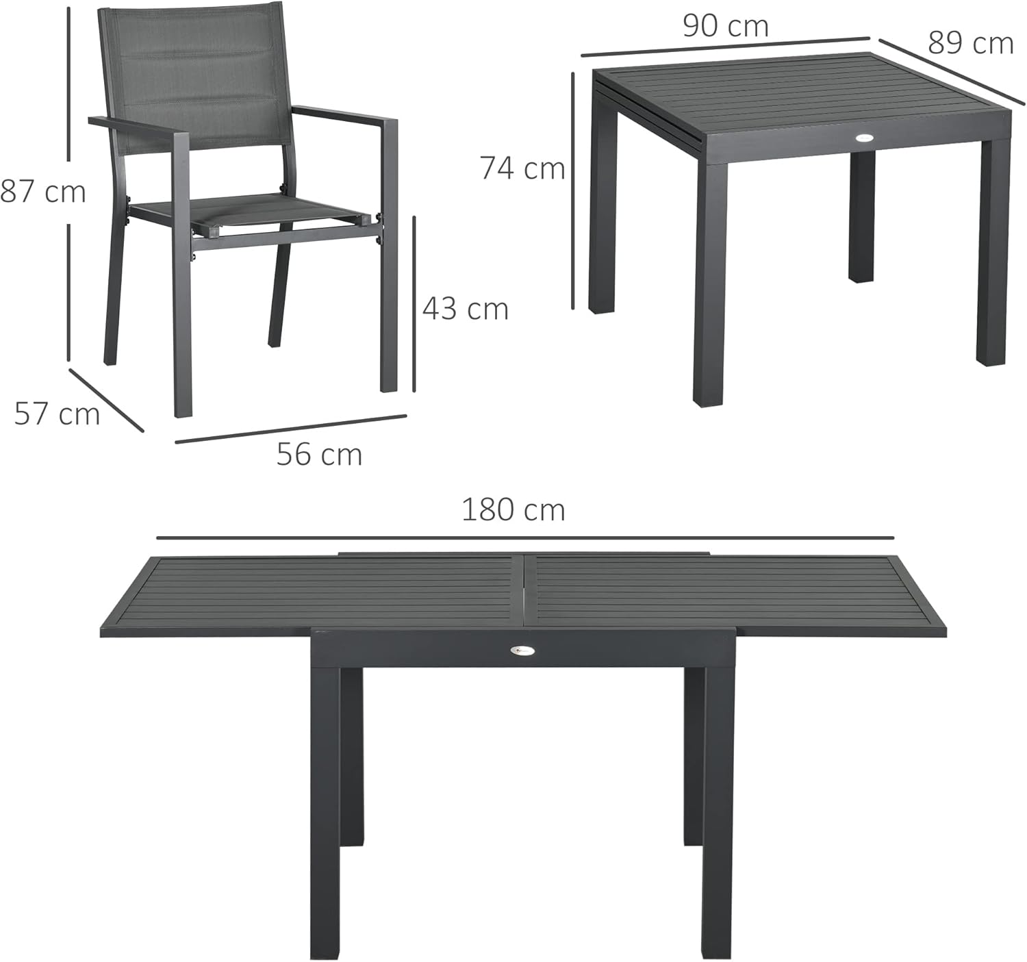 Outsunny - Salon de jardin aluminium extensible 90-180cm, 6 chaises empilables