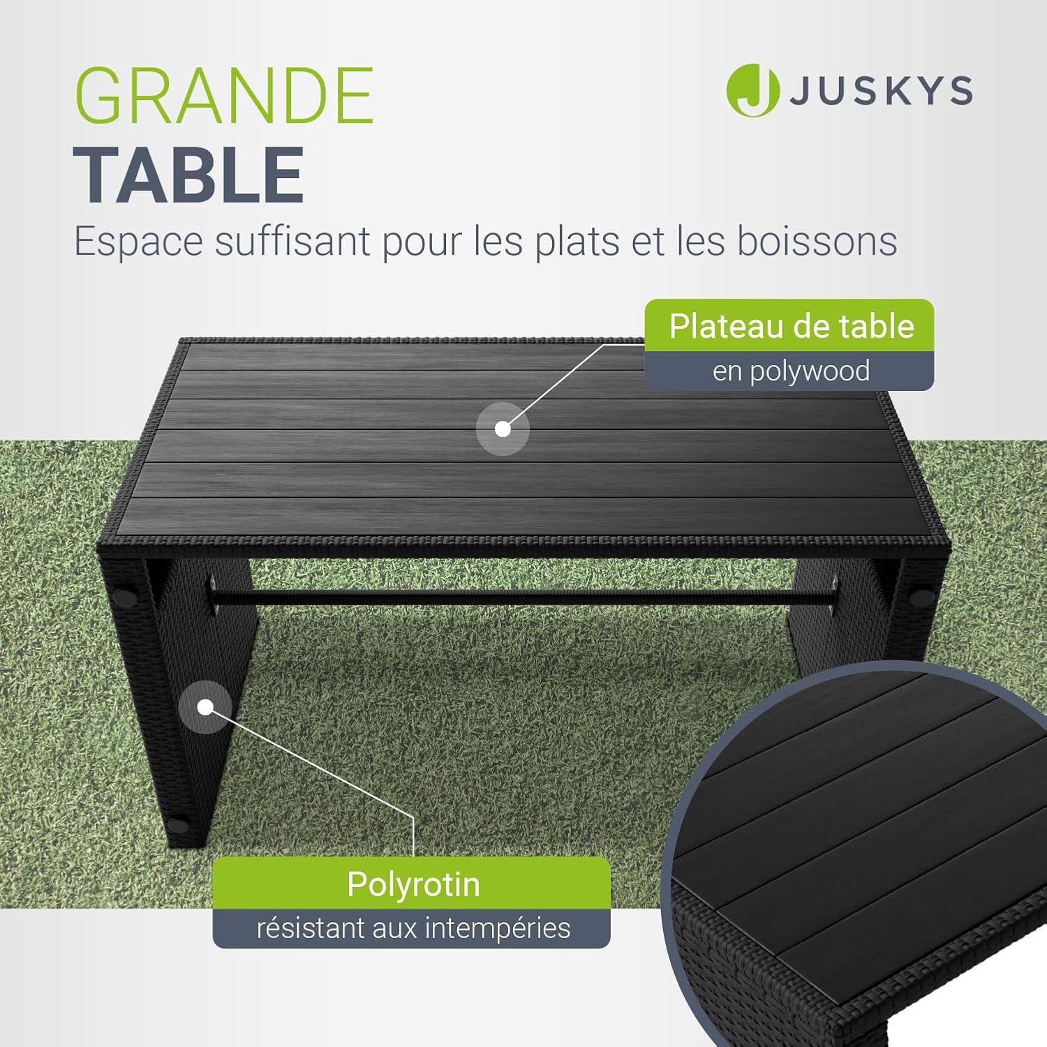 Juskys - Jamaika 2 en 1 - table, banc, 2 tabourets, coussins lavables, noir gris, jusqu'à 4 personnes