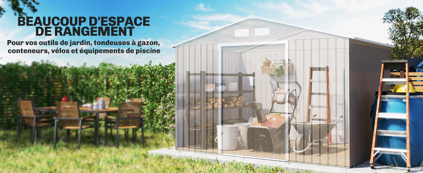 Le texte se lit comme suit : « BELLE SERRE DANS LE JARDIN ». Vues multiples d'une structure de serre en verre dans un cadre extérieur avec un escabeau bleu visible.