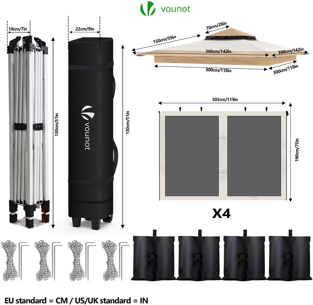 VOUNOT - tonnelle jardin extérieur - 3.6x3.6m - moustiquaire, acier, toit double, anti-UV