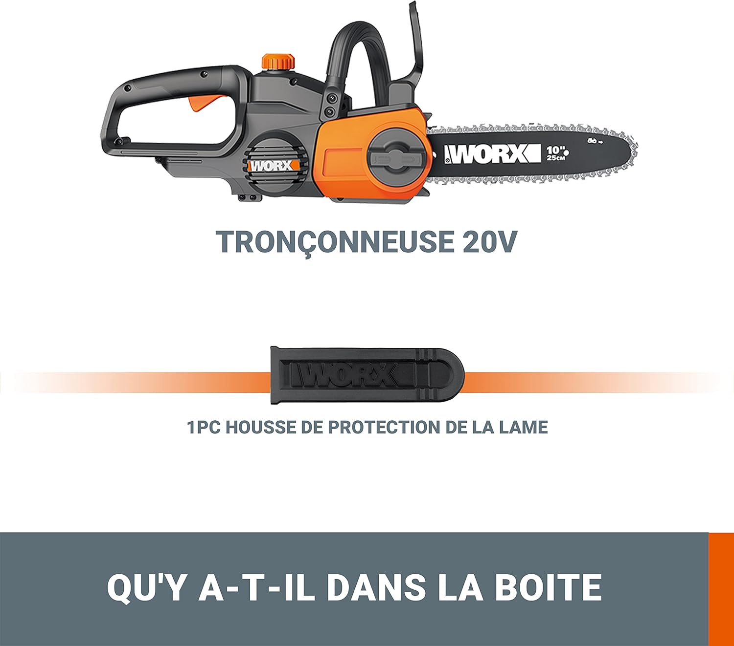 WORX - tronçonneuse sans fil 20V - guide 25cm, légère, compacte, auto-lubrification, WG322E.9