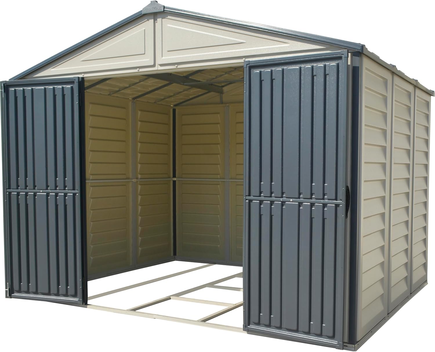 Abri de jardin Duramax WoodBridge II PLUS - 10.5 x 8 (7.64 m²) - Plastique, kit fondation, 2 fenêtres, toit métal, sans 